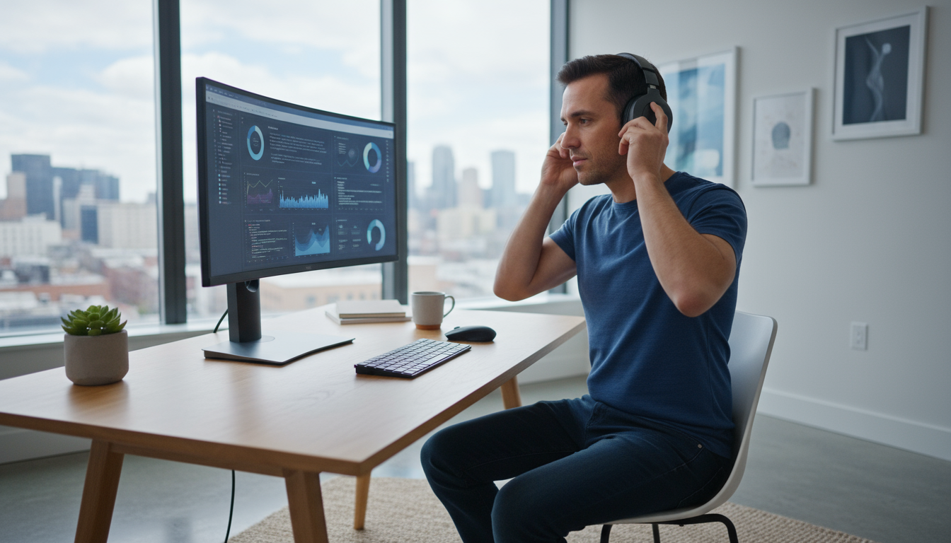 Close-up of a hand placing noise-canceling headphones next to a digital timer and glass of water on a minimalist desk, setting up for deep work.