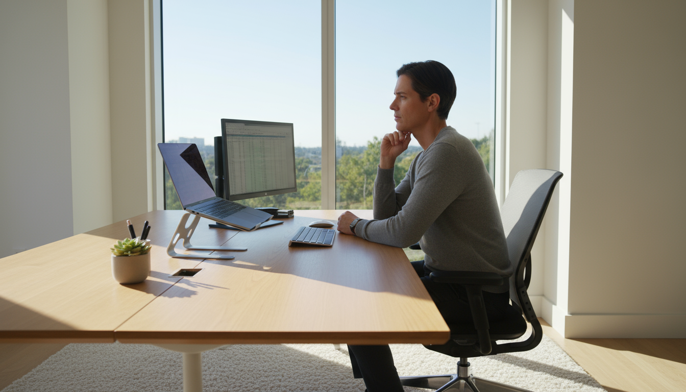 Close-up of a professional's hands actively writing messy first-draft notes with cross-outs and scribbles in a notebook on a clean, minimalist desk.
