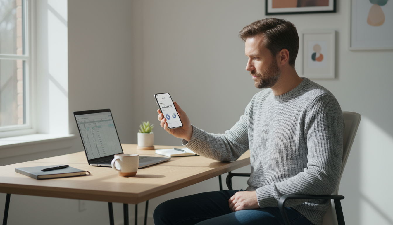 Hands holding a tablet displaying a banking app's transaction list, with a small notebook and pen nearby on a clean, light-toned desk.
