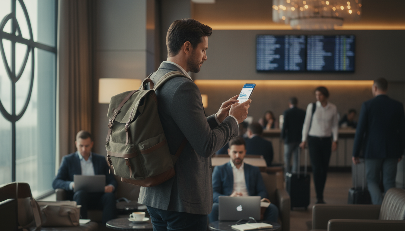 Professional woman at a sunlit, organized light-wood desk, calmly using a laptop for a budgeting task, with a plant and planner nearby.