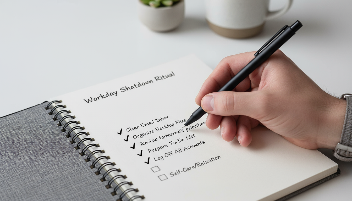 A tired professional at dusk, gently tidying a few papers on their desk while noting one priority for tomorrow in a simple notebook.