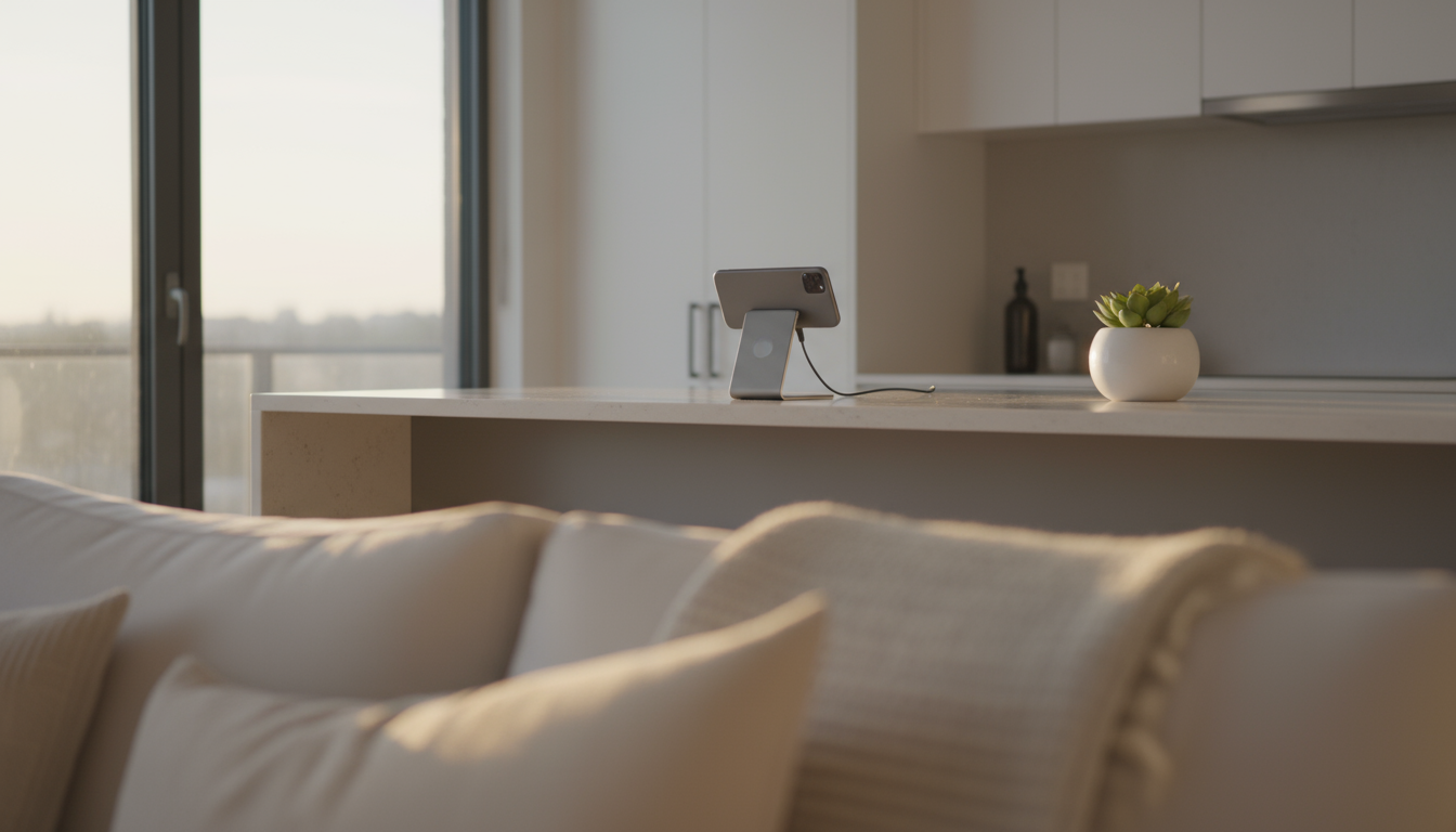 Knowledge worker in sunlit home office, deep in thought, observing a wall clock or empty mug, contemplating habit cues.