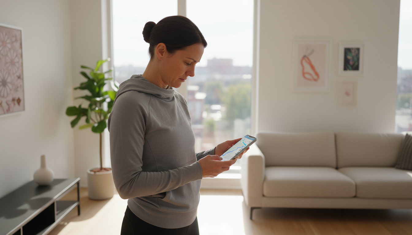 Man stands calmly in a sunlit kitchen, hands cupping a mug by a coffee maker, looking thoughtfully out a window. No phone visible.