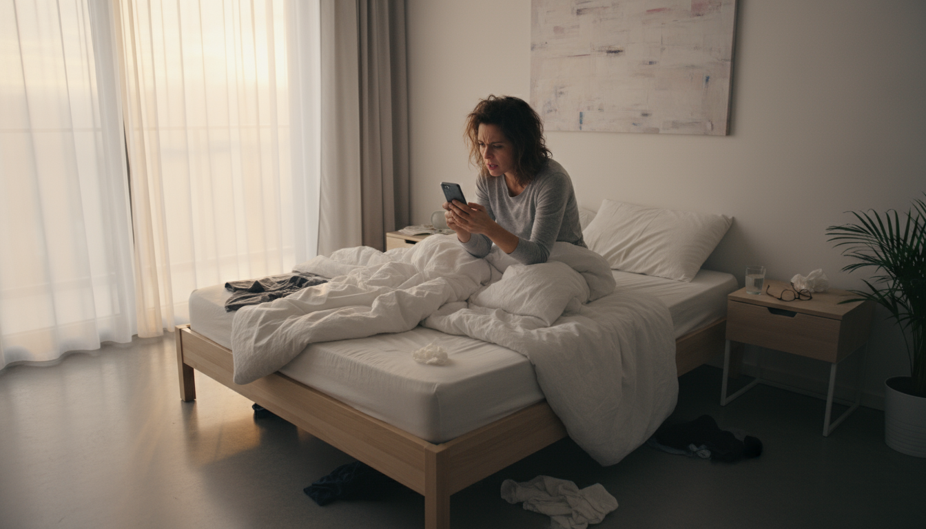 A professional at a bright desk, intently focused on a laptop screen with a report, while their hand reaches for a smartphone showing a new text notif