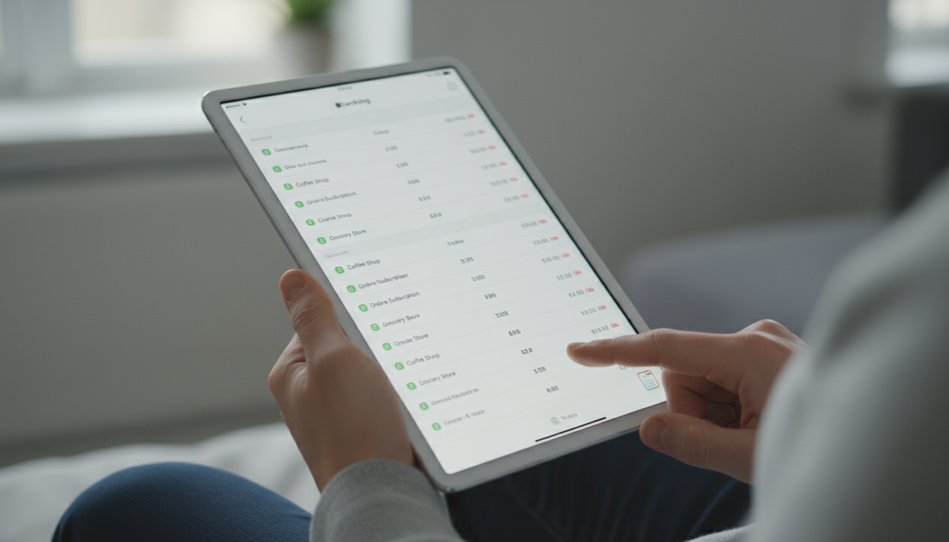 Man in soft morning light at a kitchen table, calmly viewing a personal finance dashboard on his smartphone next to a steaming mug of tea and kettle.