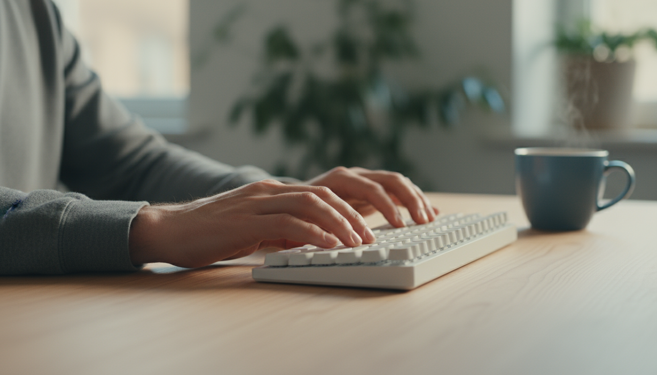 Person slouched on a modern sofa, eyes blankly fixed on a glowing laptop screen in a dimly lit, lived-in living room at evening.