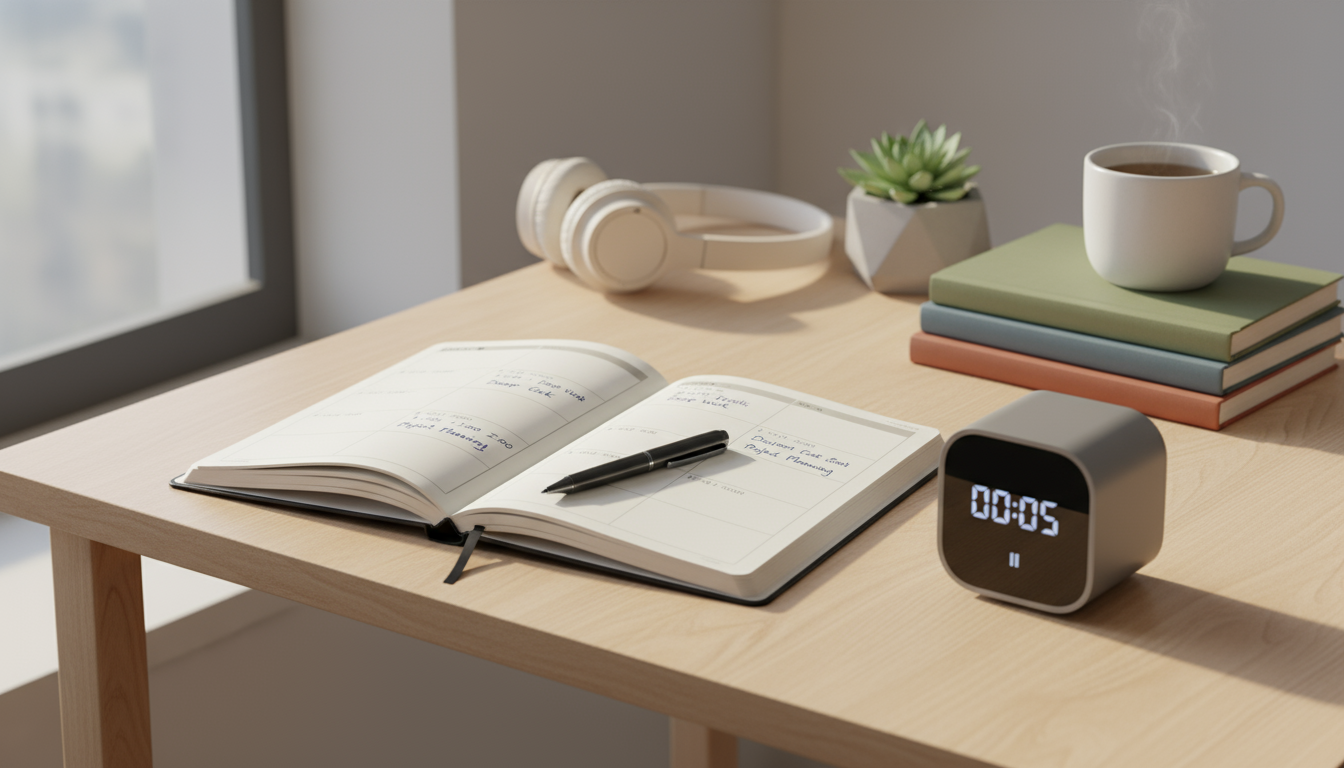 A professional on a modern train, calmly looking out the window with headphones on, using their commute time to decompress.