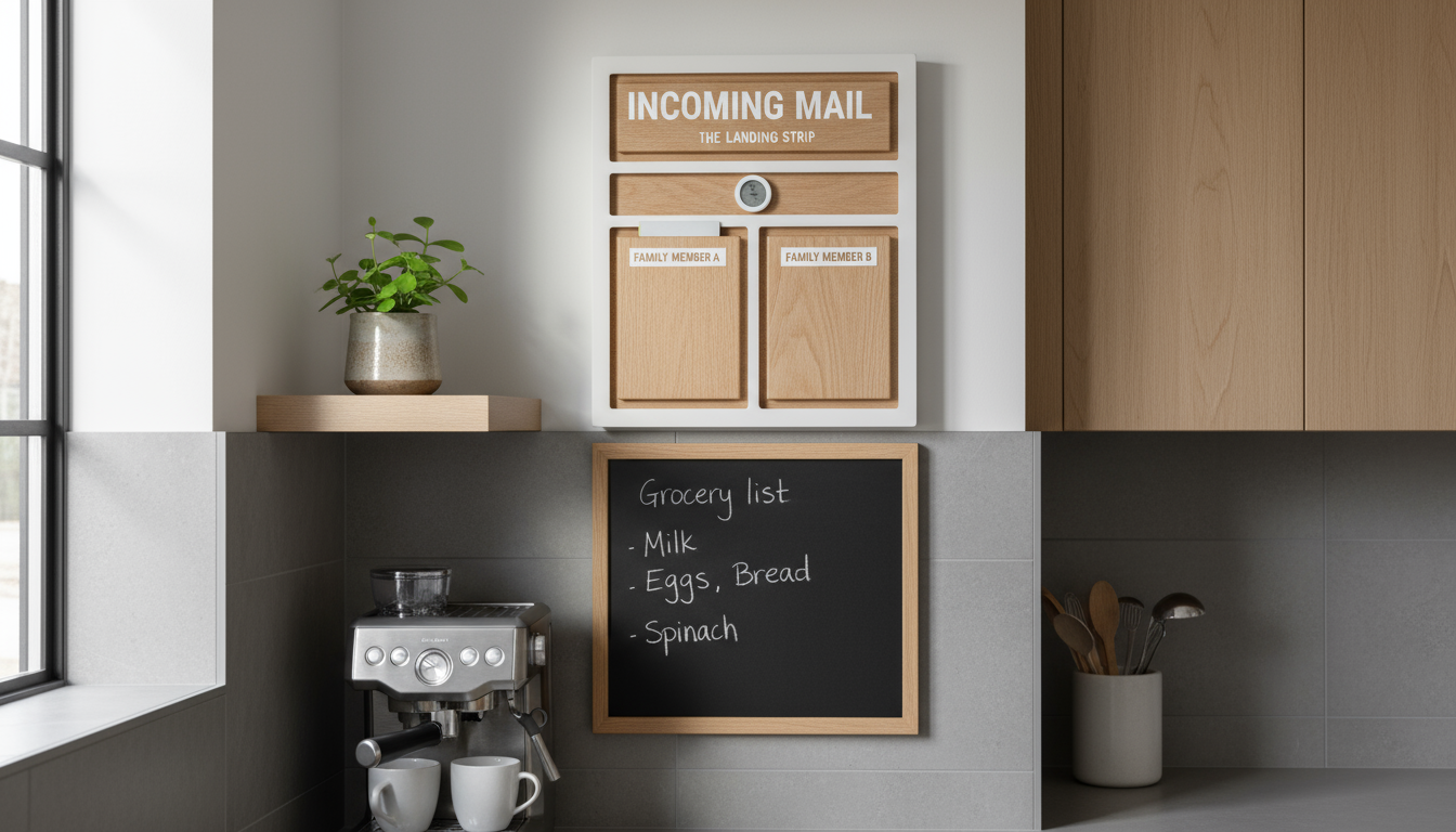 Adult sorting mail into a stylish, wall-mounted 'Kitchen Command Center' with labeled slots, keys on a hook, and a party invitation on a magnetic boar