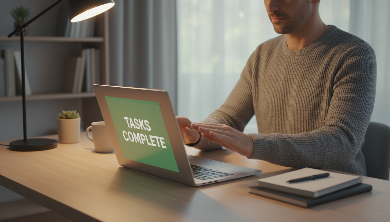 A professional stands relaxed, looking contemplatively out a sunny window from their minimalist home office, a closed laptop and notebook on the desk.