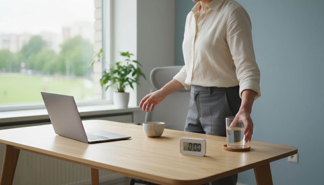 A knowledge worker at a laptop, face showing fatigue from a screen filled with overlapping windows of a report, email, chat, and podcast.