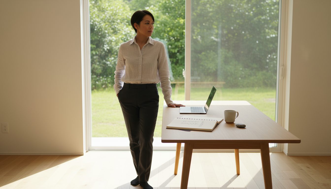 A man at his home desk with a laptop, looking distracted by his noisy home environment, featuring child's drawing and dog's toy.