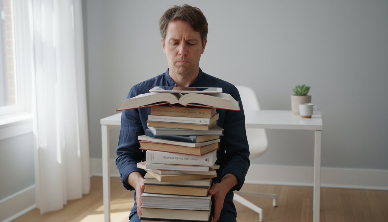 A knowledge worker with their hand on their chin, looking thoughtfully but tiredly at a screen, showing cognitive fatigue at a modern desk.