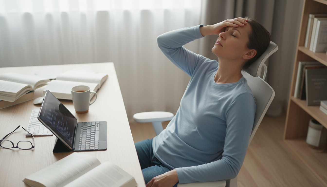 A knowledge worker, mid-30s, with eyes closed and hand on forehead, leaning back in a chair at a minimalist desk, showing deep mental exhaustion.