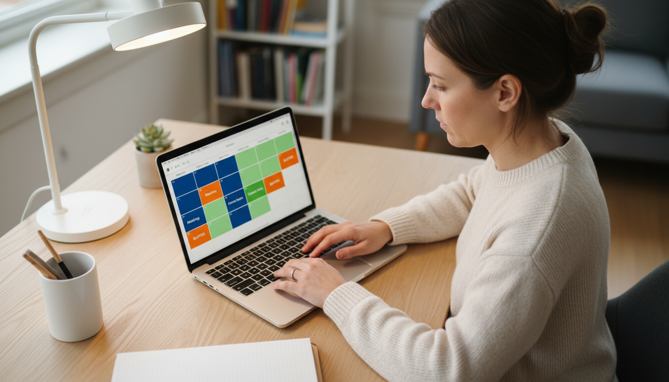 A woman (Sarah) at her organized home office desk, hands on keyboard, focused on her laptop screen displaying a digital calendar with distinct buffer