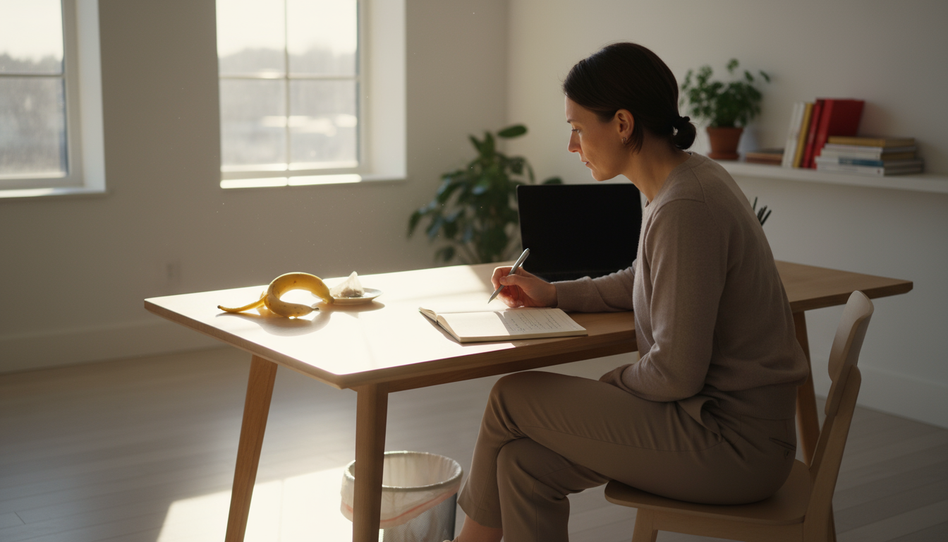 A serene woman in her late 30s reads a physical book in a cozy armchair, a steaming mug nearby, embodying calm evening intentionality.
