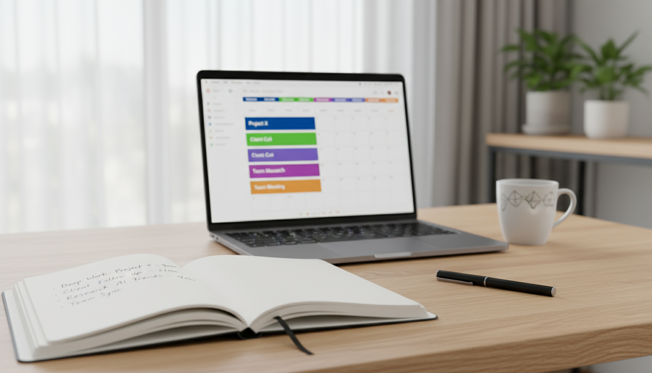 Close-up of hands resting on an open, handwritten journal with a pen beside it, in a softly lit home setting.