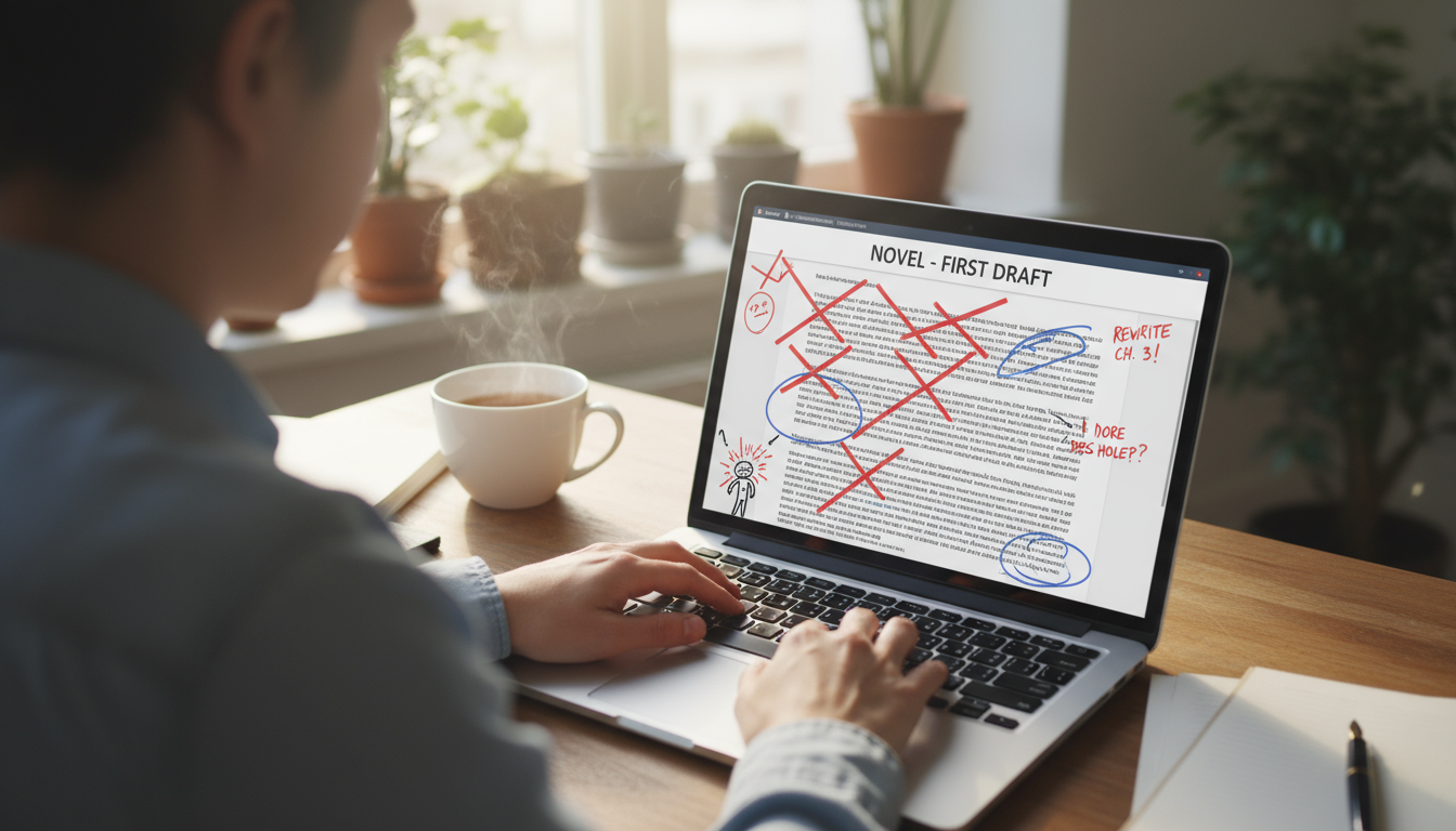 A person stands by a sunlit window, looking out at distant trees while subtly stretching, away from their blurred desk.