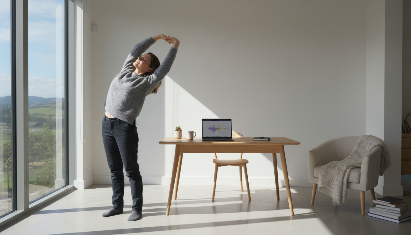 Person's head and hands blurred, rapidly shifting gaze between laptop, phone, and notebook on a desk, conveying context switching.