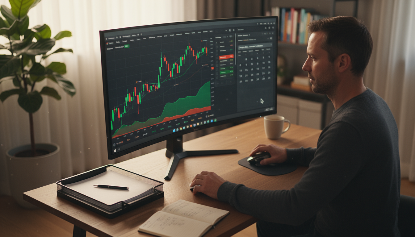 Over-the-shoulder view of a professional quickly tidying a desk and checking a computer screen displaying an email inbox and task list, illuminated by