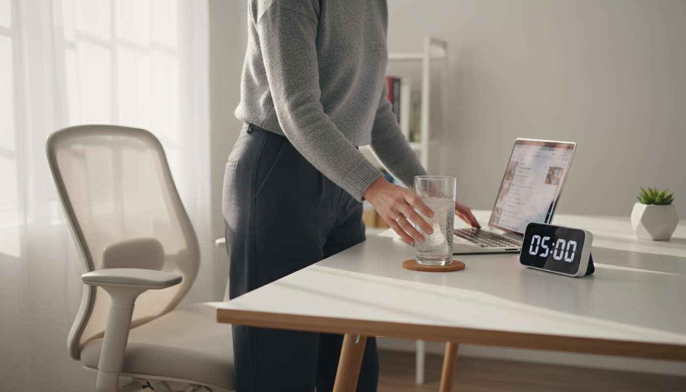 A knowledge worker at a clean wooden desk, focused on a monitor. An open notebook and pen are ready, with a smartphone intentionally placed face-down 