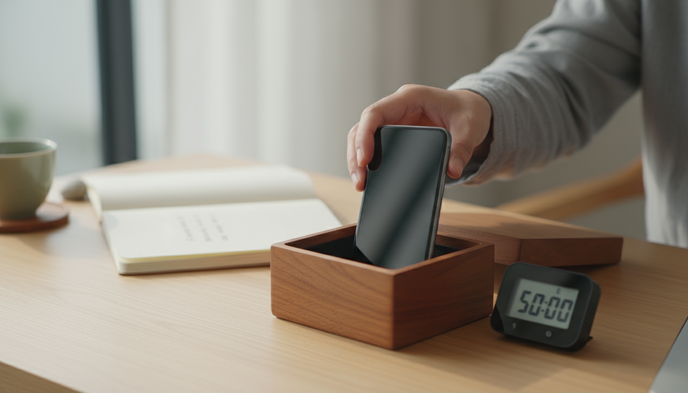 Person with a thoughtful expression at a minimalist wooden desk, a plain notebook and pen resting before them in soft morning light.