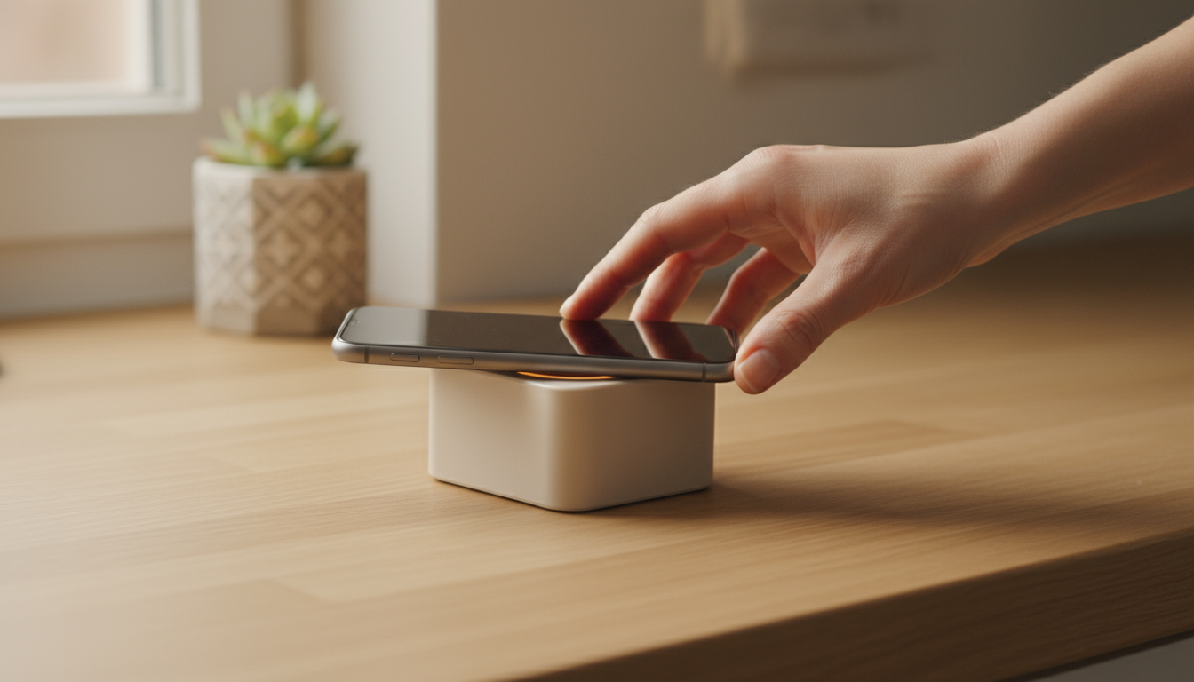 An empty coffee mug, open notebook, and pen beside a laptop displaying a blank document on a minimalist desk, bathed in morning light.