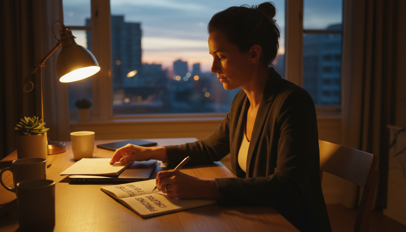 A person's hand with a black pen checks off the last item on a physical 'Workday Shutdown Ritual' checklist in a notebook on a clean desk, with a dark