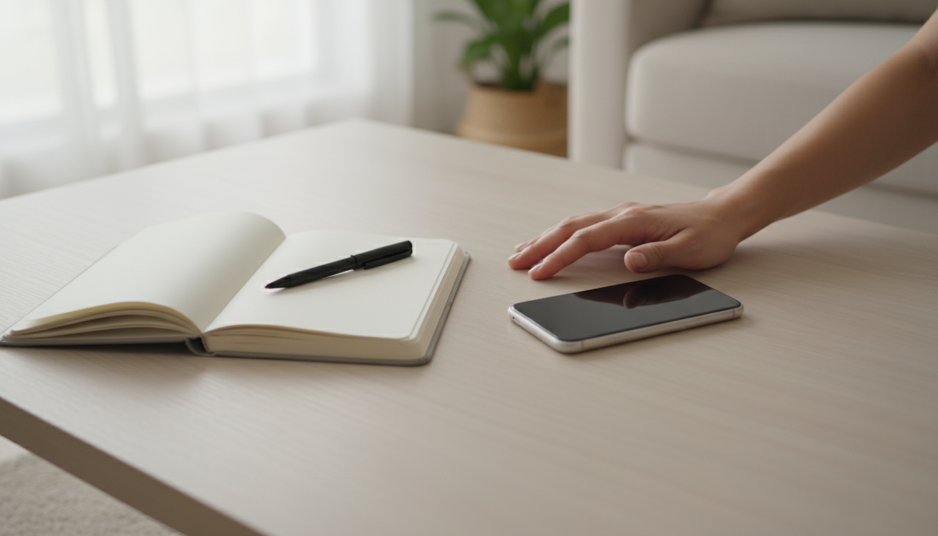Hands navigating a smartphone's notification settings screen, with an analog desk clock showing 10:00 AM on a minimalist light wood desk.