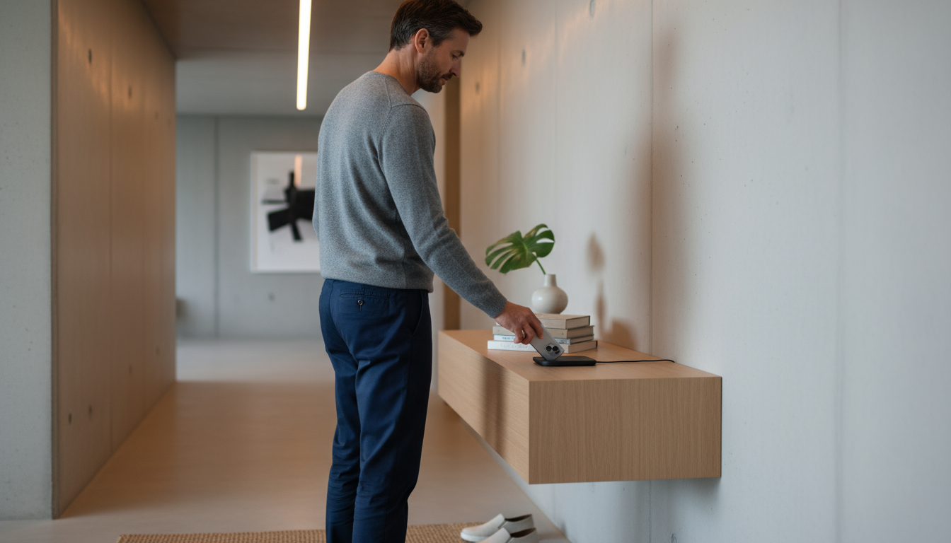 A smartphone on a clean light wood desk displays an organized home screen. A folder for 'Shopping' is subtly visible on a secondary screen, reflecting