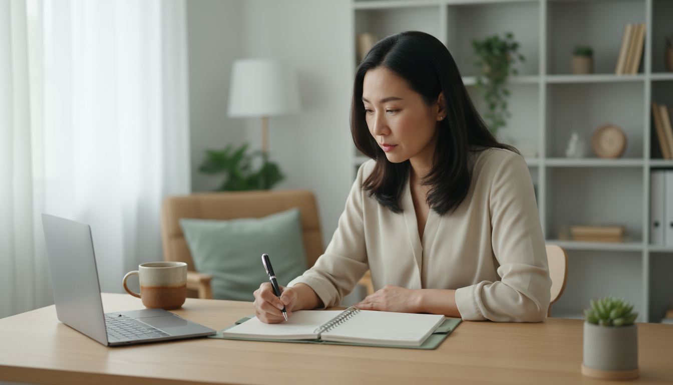 A large monitor displaying a digital project timeline with monthly checkpoints and completed tasks, alongside an open planner with handwritten notes a