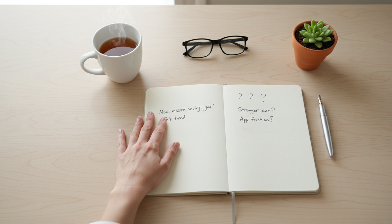 A hand turning off an alarm clock next to a yellow sticky note with 'Check Banking App' on a neat bedside table, signifying habit stacking.
