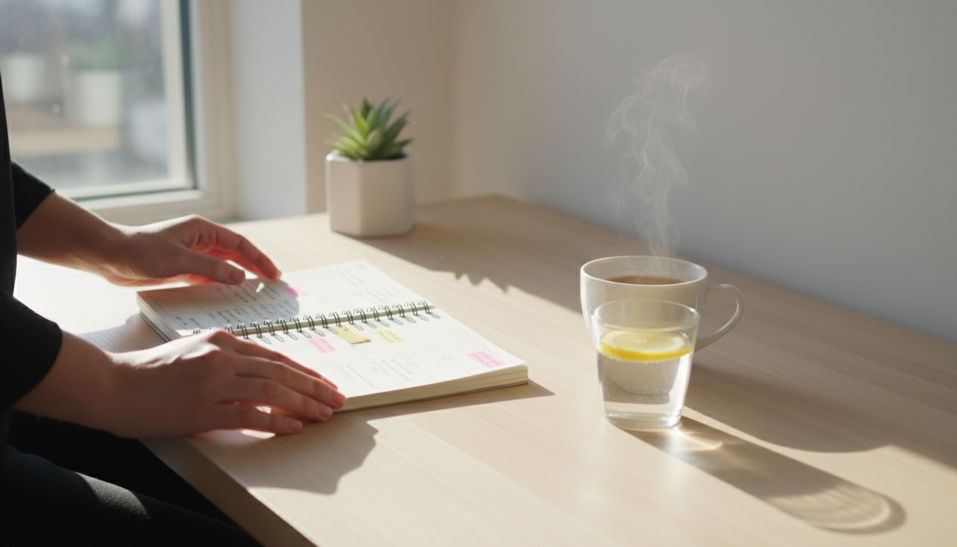 A knowledge worker with a subtle frown, hand on temple, gazing past a laptop screen on an organized desk, conveying mental fatigue.