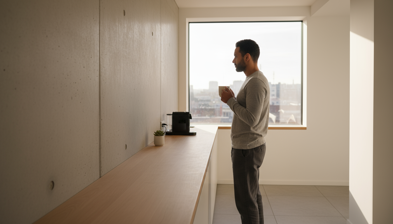 A close-up of a habit tracker on a minimalist desk, showing a long successful streak broken by an unmarked day, with a hand paused over it.