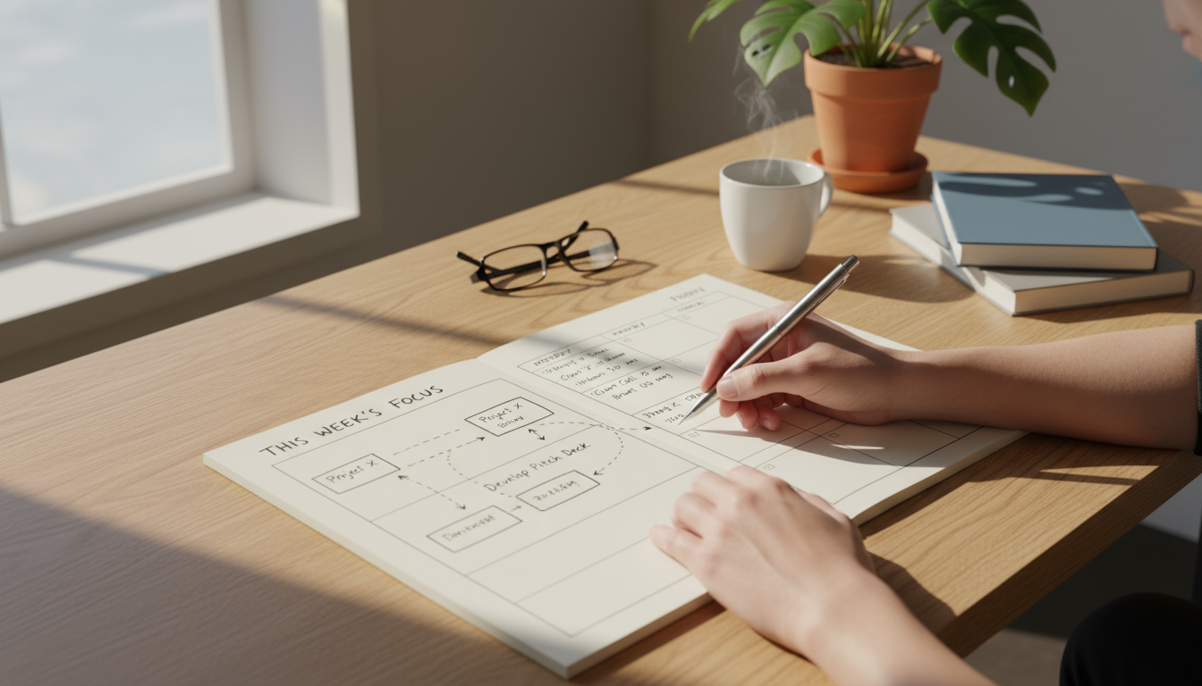 Overhead close-up of a hand drawing a checkmark in a minimalist journal, showing completed tasks and a handwritten progress tracker: 'Interviews 2/10'