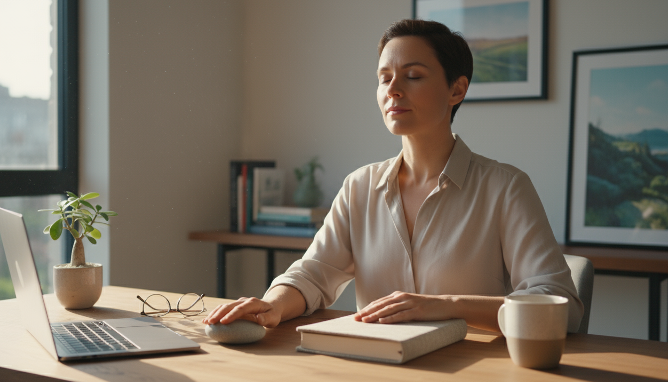 A person's hands pressing the start button of a digital timer on a clean desk, next to an open notebook.