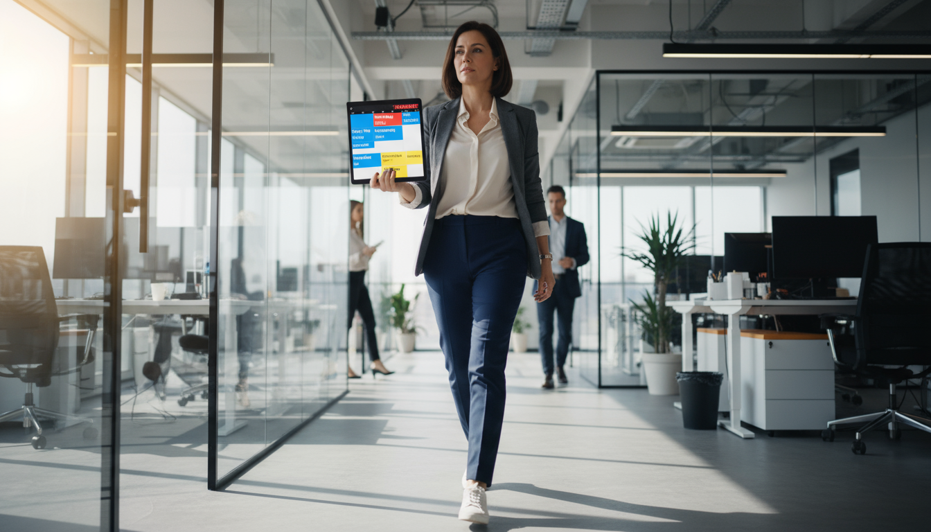 Close-up of a hand interacting with a digital calendar, showing color-coded categories: Deep Work (Green), Shallow Work (Yellow), and Meetings (Blue).