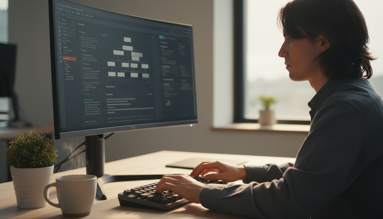 A smartphone with a minimalist home screen showing only essential utility apps rests on a clean desk in a professional home office setting.