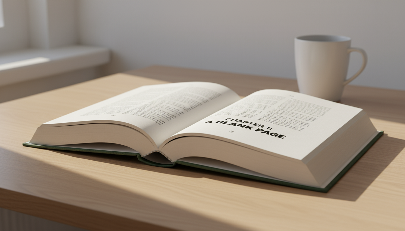 A hand reaching for a minimalist pen on a clear oak desk with an open notebook, bathed in soft morning light, symbolizing a focused routine.