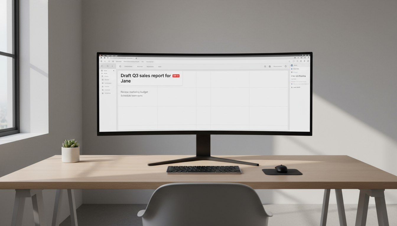 Professional's hands swiftly sort physical mail on a minimalist wooden desk, placing a document into a small, stylish waste bin.