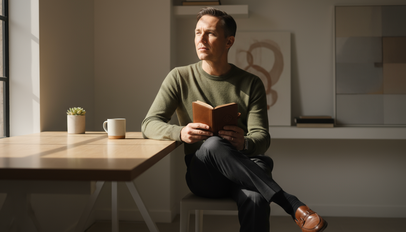 A hand holding a pen has just written 'Today, I will write one sentence.' on a fresh page in a minimalist notebook, emphasizing a small, deliberate st