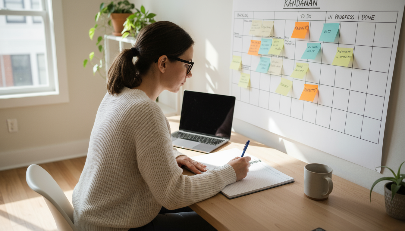 A hand writes 'Done' on a white Kanban board. 'To Do' and 'In Progress' columns are visible with colorful sticky notes.