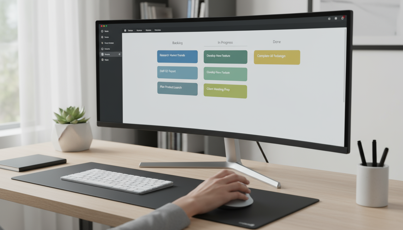 A professional's hand writes a specific task on a yellow sticky note, part of a color-coded kanban board of actionable tasks.