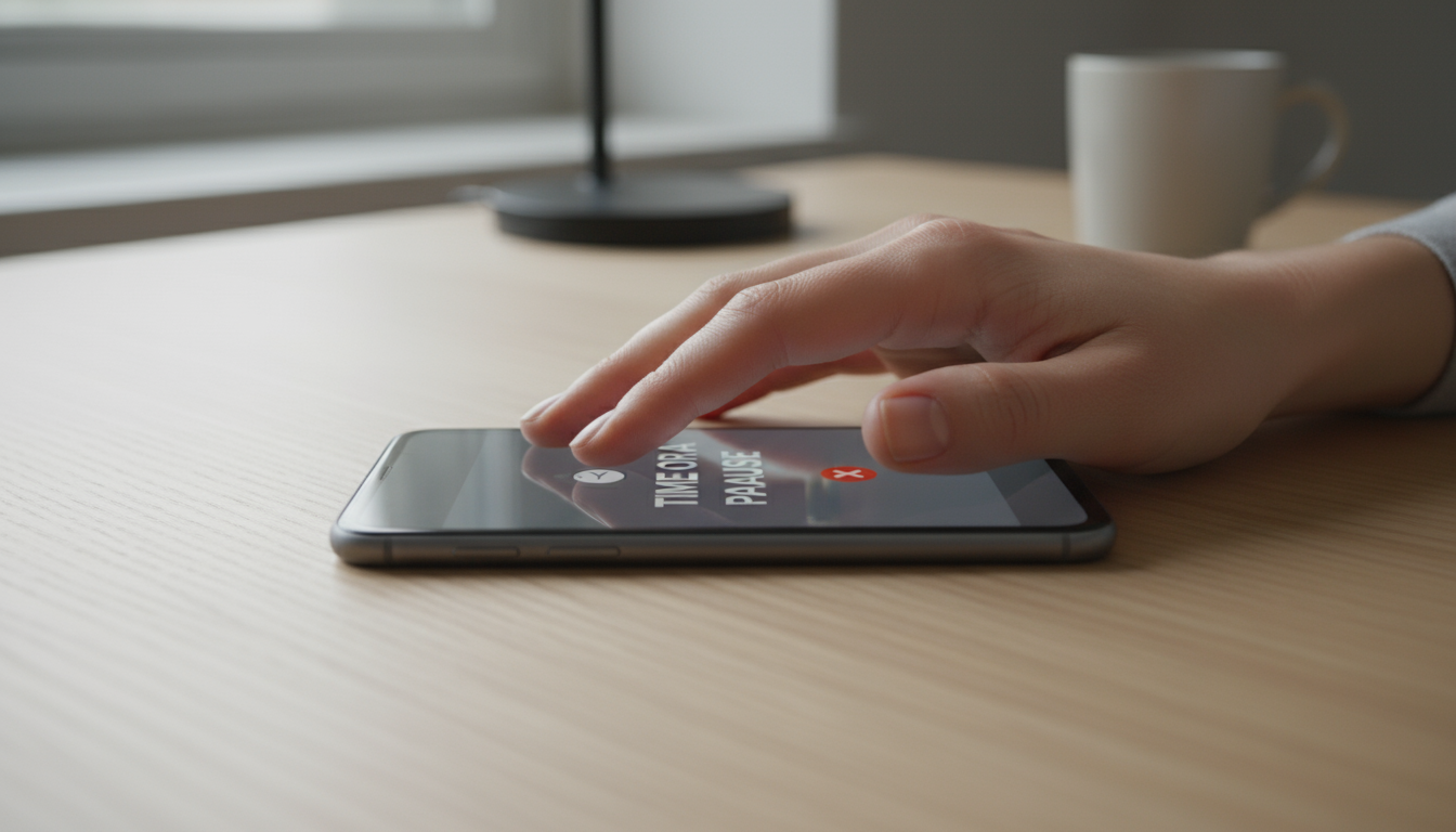 A person's hand placing a smartphone onto a charging dock on a console table in a warm, organized entryway, with a prepped shirt nearby.
