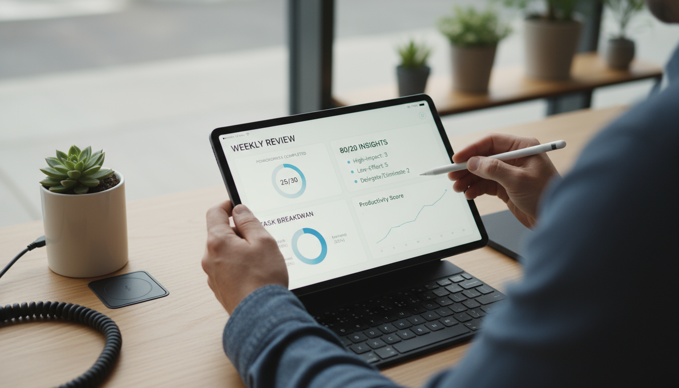 A close-up of a red tomato kitchen timer on a minimalist desk with a person focused on a laptop in the soft background.