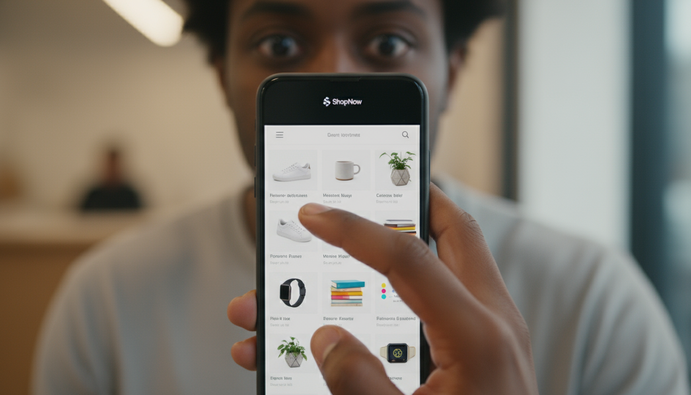 Hands of a professional mindlessly scrolling an endless online shopping feed on a smartphone, showing a glazed, absorbed expression.