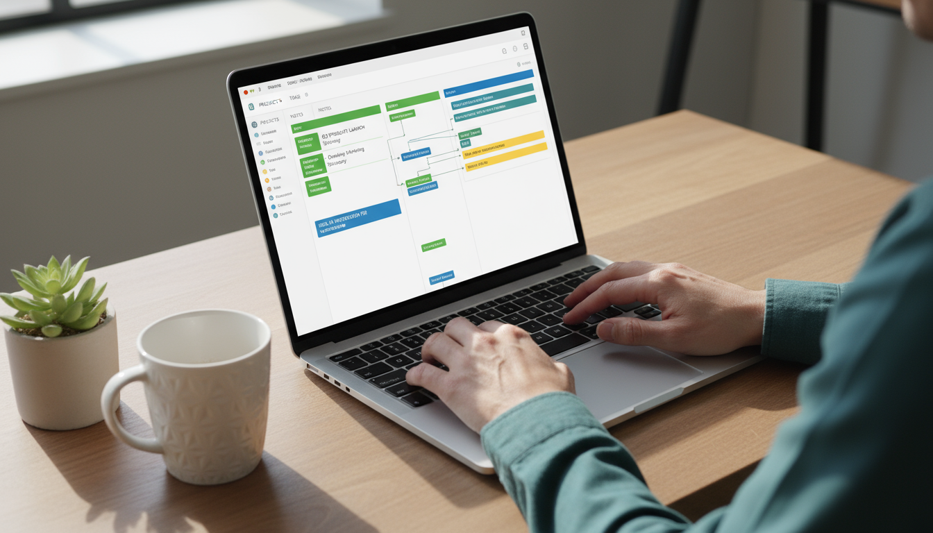 Hands typing on a laptop, showing Google Calendar with color-coded time blocks for tasks on a well-organized desk.