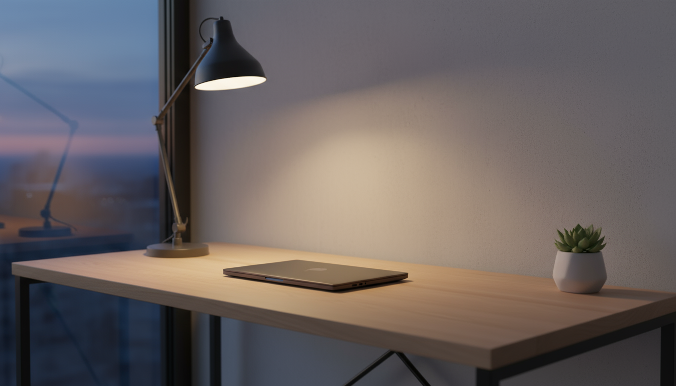 Minimalist dark gray analog desk timer on a natural wood desk, set for a focused work session, with hands working in the soft-focused background.