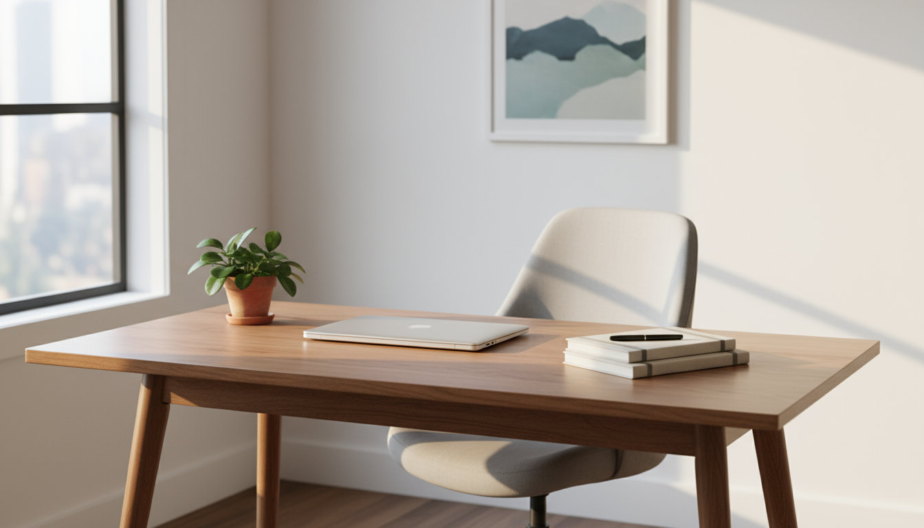 Close-up of a hand starting a minimalist physical desk timer on a clean wooden desk, bathed in soft natural light.