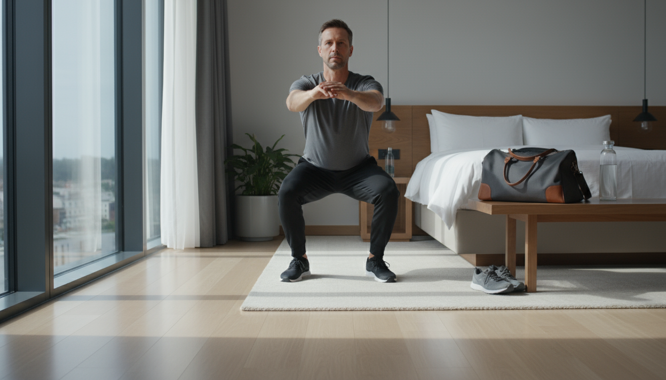 Hands carefully place a healthy bento box into an open, empty gym bag on a minimalist wooden counter, bathed in soft natural light.