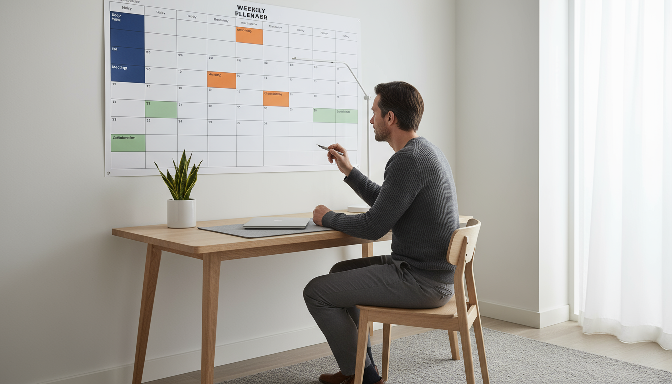 Gender-neutral hands deliberately adjusting a digital calendar on a large monitor, extending a task block to manage an overrun, within a calm, organiz